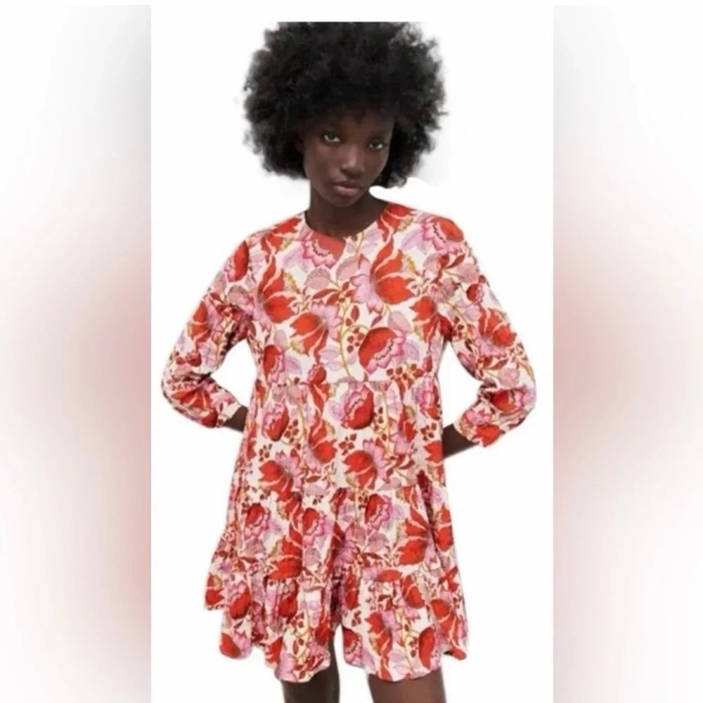 Zara Red and Pink Floral Tiered Mini Dress - Picture 1 of 6